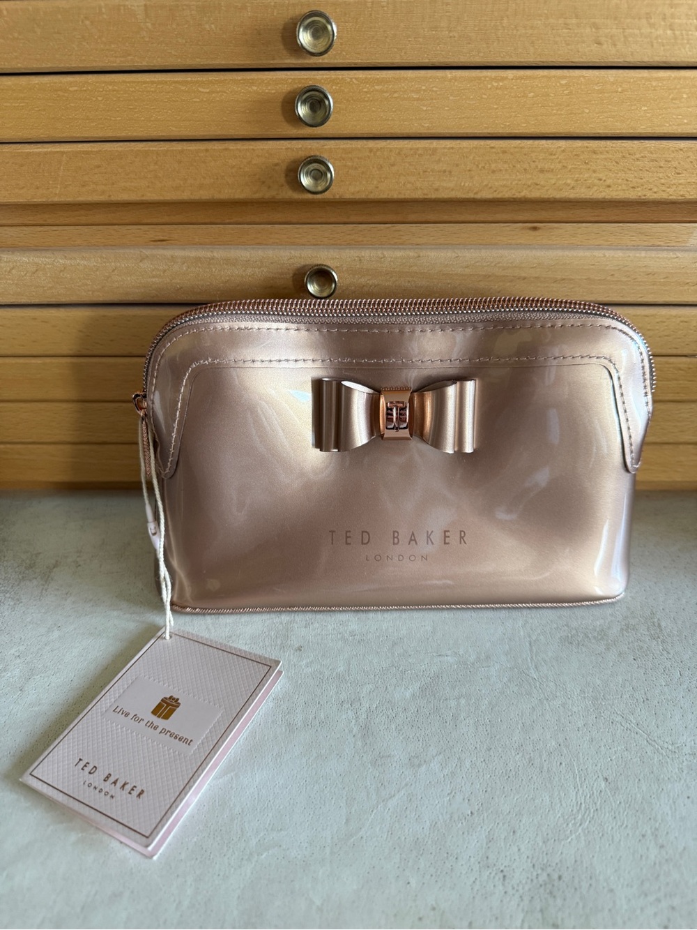 Ted Baker London Rose Gold Bow Cosmetic Bag Makeup Case NWT